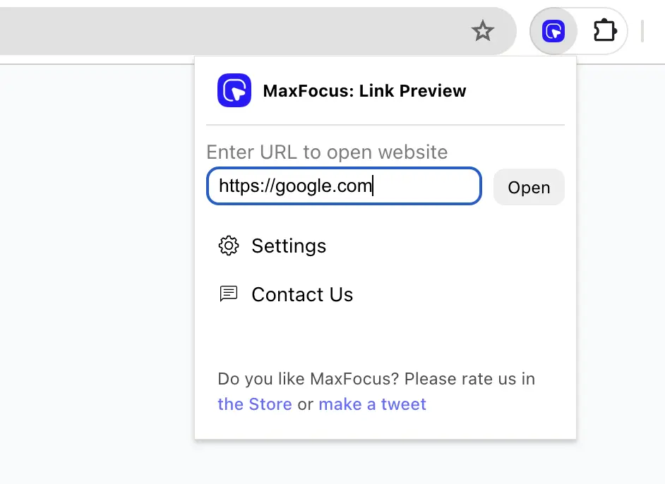 The extension popup with a pasted URL